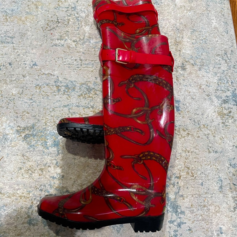 Ralph Lauren Red Patterned Tall Rain Boots
